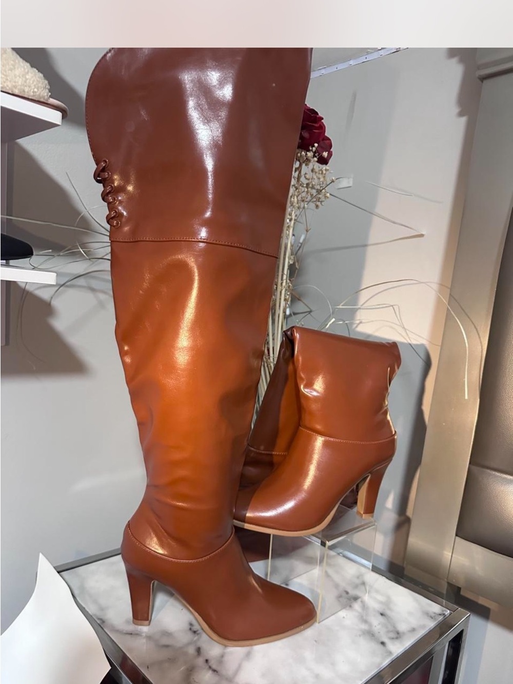 Over-the-Knee High Heel Boots in Rich Chestnut Brown
